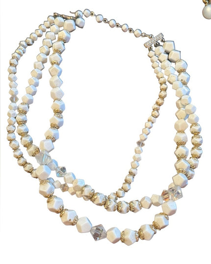 Antique art deco milk glass crystal gold accent multi strand CZECH Necklace