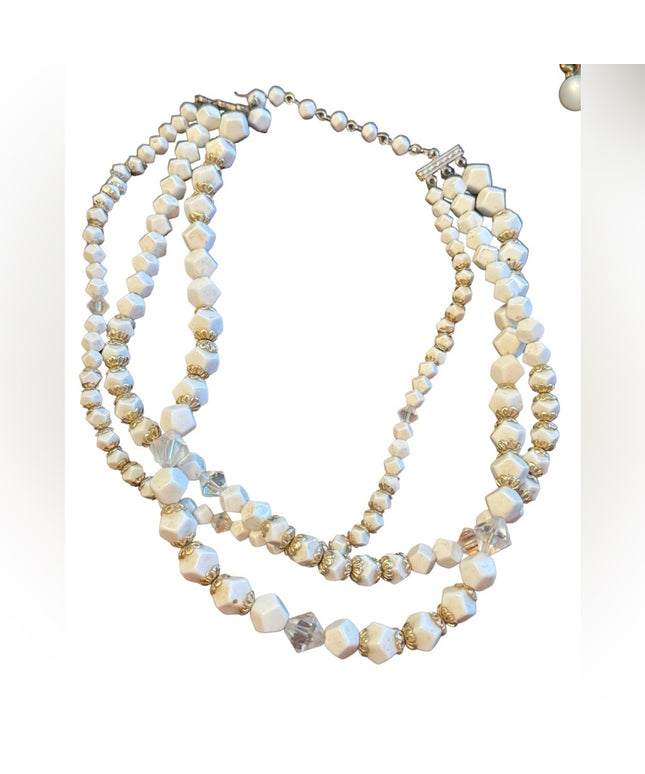 Antique art deco milk glass crystal gold accent multi strand CZECH Necklace