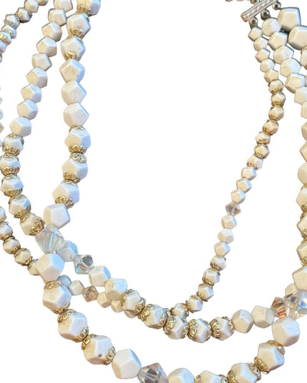 Antique art deco milk glass crystal gold accent multi strand CZECH Necklace