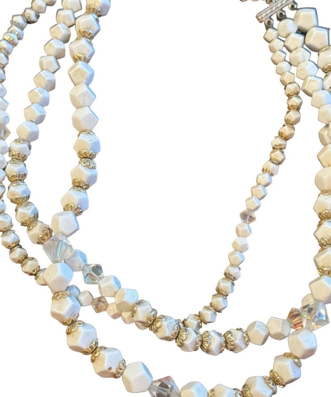 Antique art deco milk glass crystal gold accent multi strand CZECH Necklace