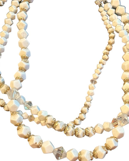 Antique art deco milk glass crystal gold accent multi strand CZECH Necklace