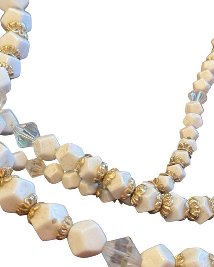 Antique art deco milk glass crystal gold accent multi strand CZECH Necklace