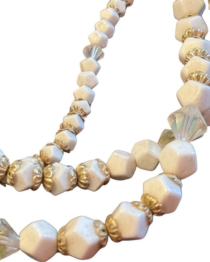 Antique art deco milk glass crystal gold accent multi strand CZECH Necklace