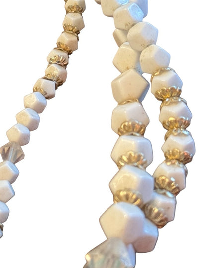 Antique art deco milk glass crystal gold accent multi strand CZECH Necklace