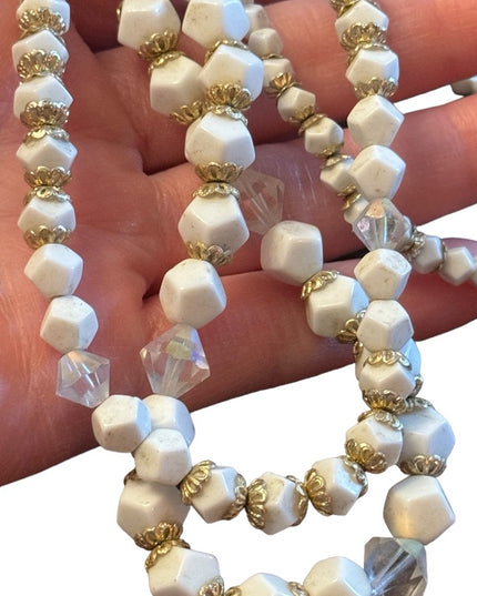 Antique art deco milk glass crystal gold accent multi strand CZECH Necklace
