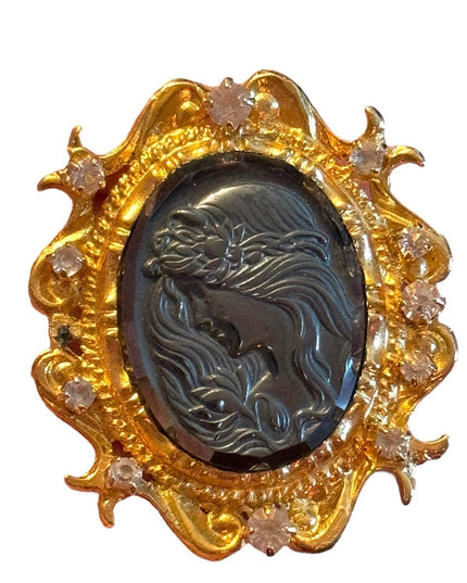Vintage  ornate hematite gold finish crystal embellished Cameo style brooch
