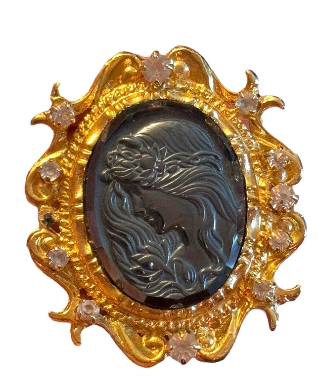 Vintage  ornate hematite gold finish crystal embellished Cameo style brooch