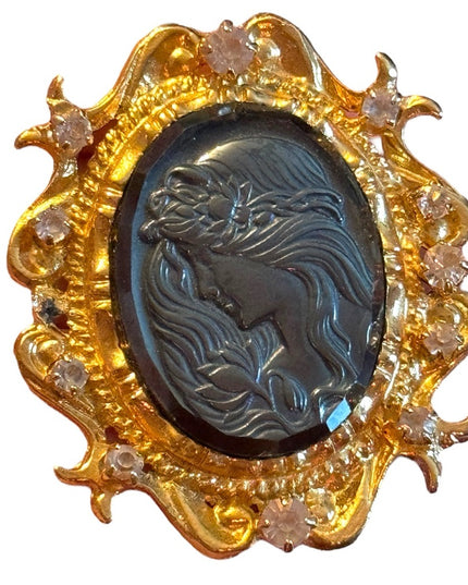 Vintage  ornate hematite gold finish crystal embellished Cameo style brooch