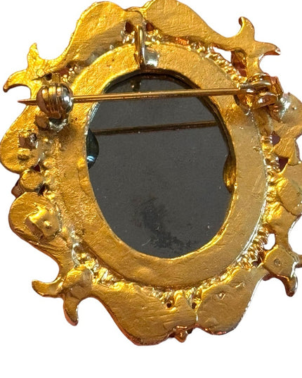 Vintage  ornate hematite gold finish crystal embellished Cameo style brooch