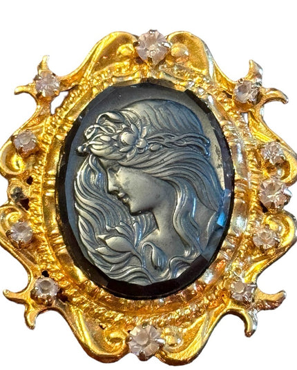 Vintage  ornate hematite gold finish crystal embellished Cameo style brooch