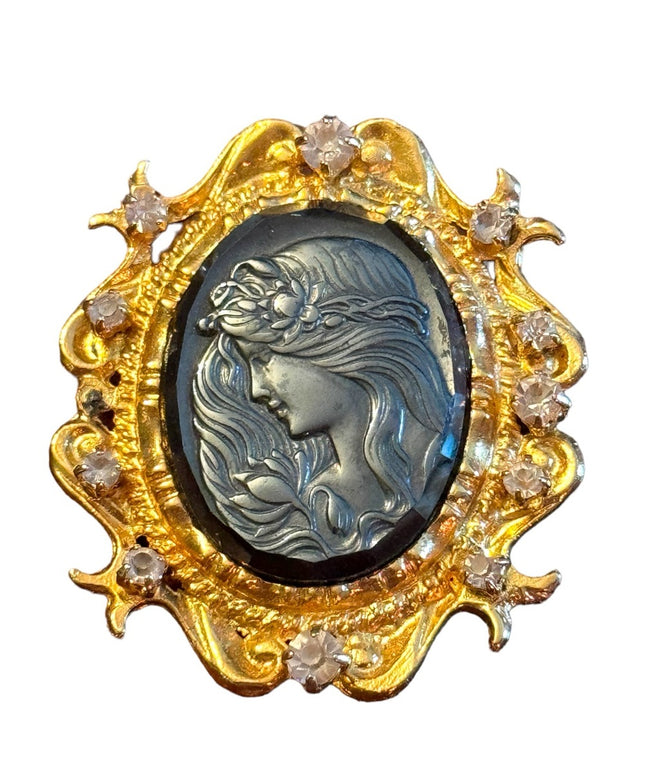 Vintage  ornate hematite gold finish crystal embellished Cameo style brooch
