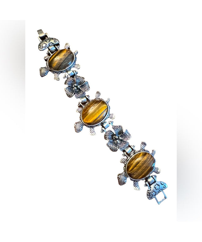 Lovely vintage 1980s Tiger eye flower turtlw chunky link bracelet silver finish