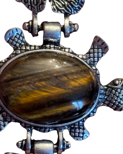 Lovely vintage 1980s Tiger eye flower turtlw chunky link bracelet silver finish