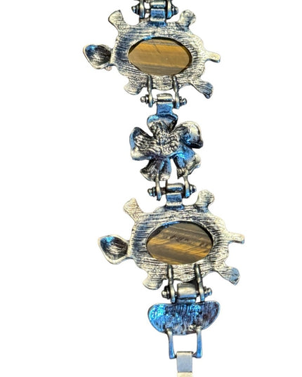 Lovely vintage 1980s Tiger eye flower turtlw chunky link bracelet silver finish