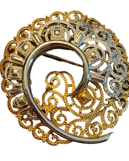 Vintage large substancial gold & silver ornate filagree spiral brooch