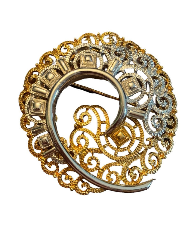 Vintage large substancial gold & silver ornate filagree spiral brooch