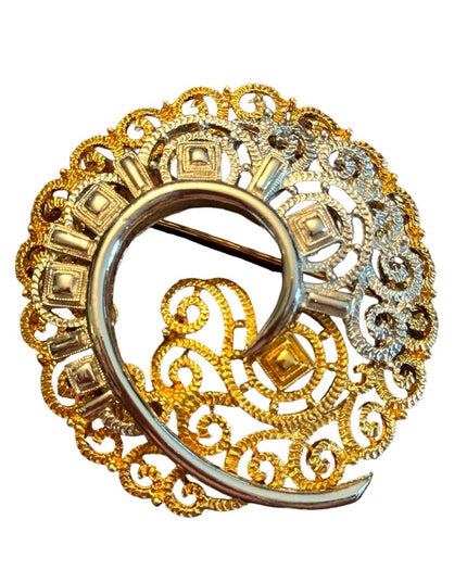 Vintage large substancial gold & silver ornate filagree spiral brooch