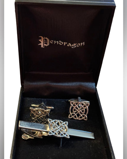 Pendragon silver finish celtic cufflinks and tie tack NIB Irish