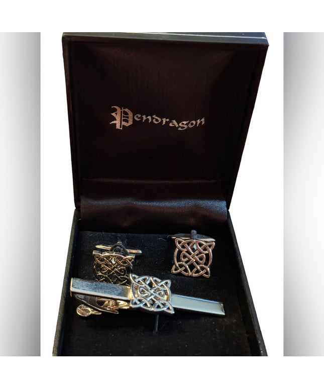 Pendragon silver finish celtic cufflinks and tie tack NIB Irish