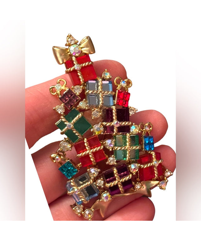 RUNWAY Vintage gold plate jeweled Christmas tree  rhinestone multi color crystal