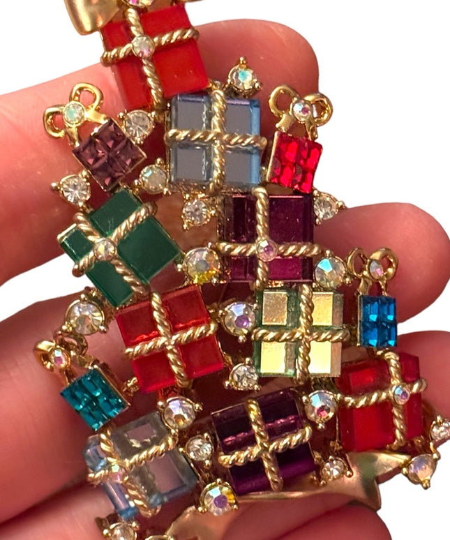 RUNWAY Vintage gold plate jeweled Christmas tree  rhinestone multi color crystal