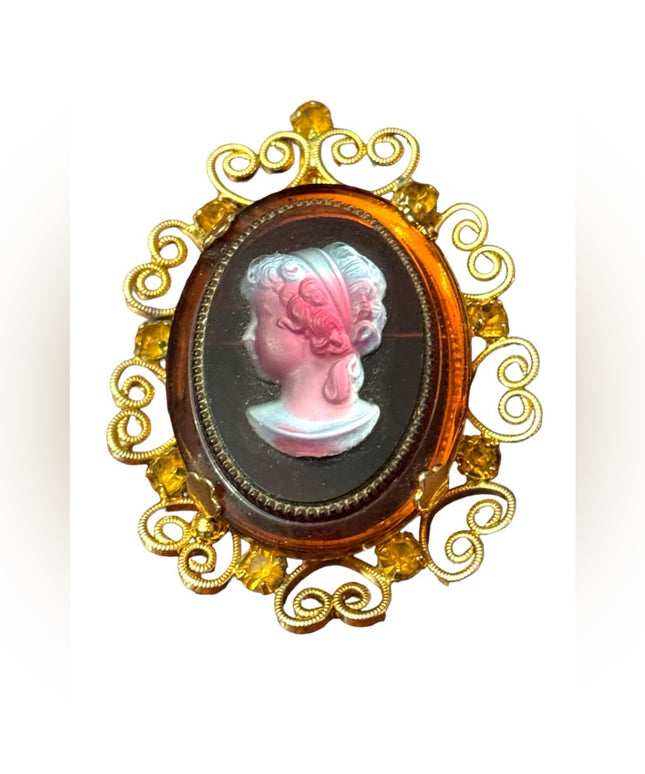 Vintage gold finish scrolled bezel crystal reain cameo brooch pendant