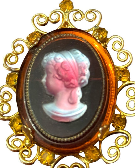 Vintage gold finish scrolled bezel crystal reain cameo brooch pendant