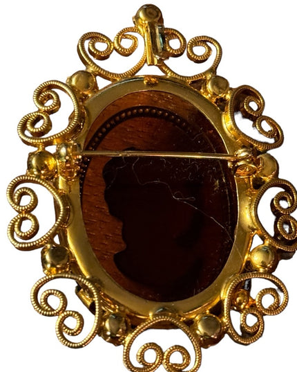 Vintage gold finish scrolled bezel crystal reain cameo brooch pendant