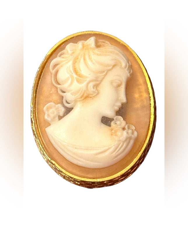 Vintage gold finish art deco style resin cameo brooch