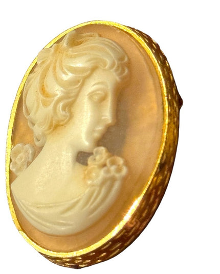 Vintage gold finish art deco style resin cameo brooch