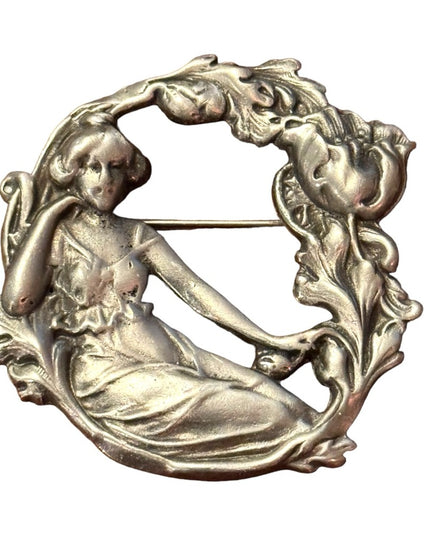 Art Nouveau Style Silver Plate Lady in Repose with Flowers  Brooch Repousse