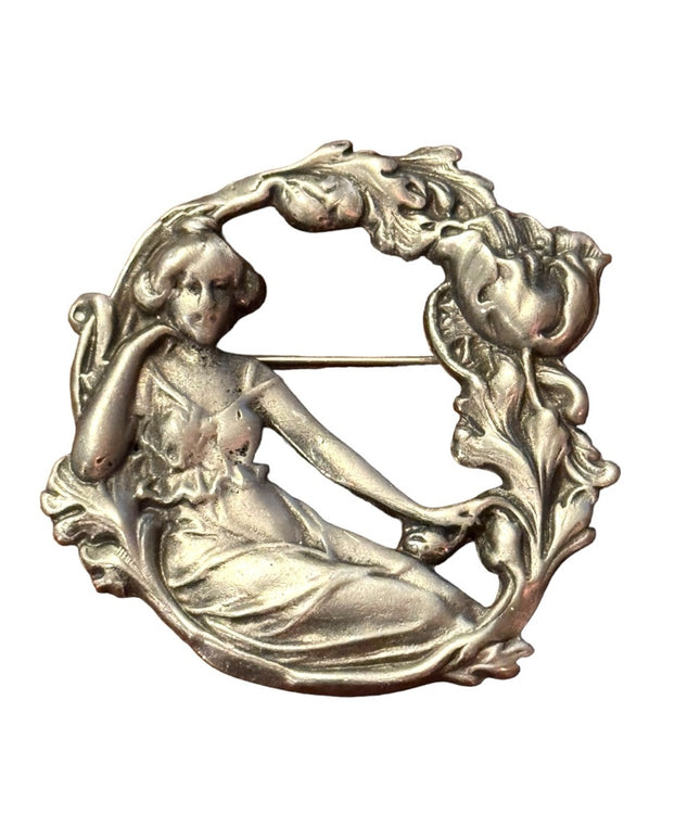 Art Nouveau Style Silver Plate Lady in Repose with Flowers  Brooch Repousse