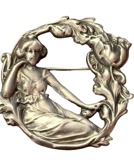 Art Nouveau Style Silver Plate Lady in Repose with Flowers  Brooch Repousse
