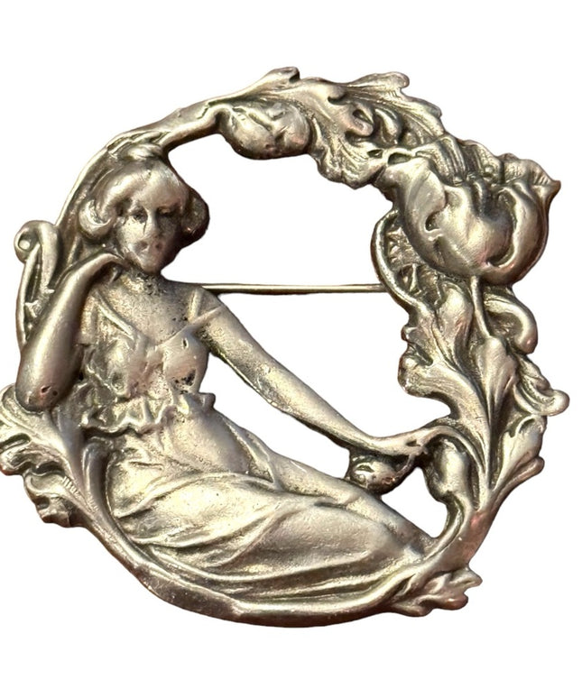 Art Nouveau Style Silver Plate Lady in Repose with Flowers  Brooch Repousse