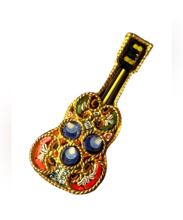 Vintage mid century 1950s gold plt micro mosaic Italy Italian guitar brooch