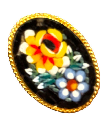 Vintage Italy Italian Glass mosaic flowers gold finish brooch