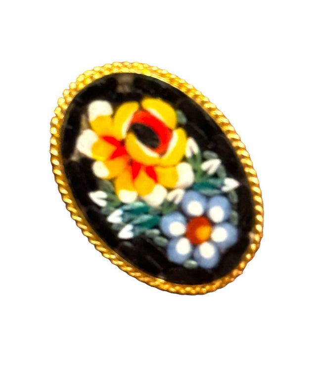 Vintage Italy Italian Glass mosaic flowers gold finish brooch