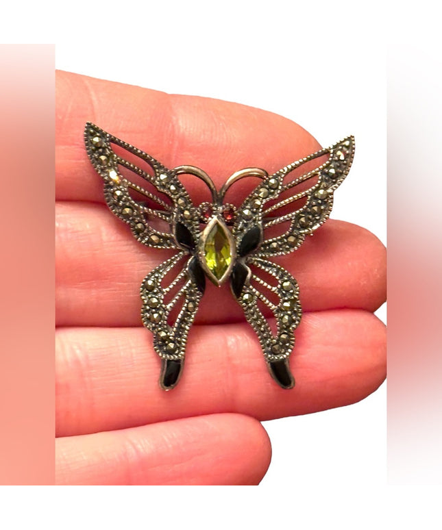 Vintage ornate sterling silver 925 Marcasite antiqued butterfly brooch
