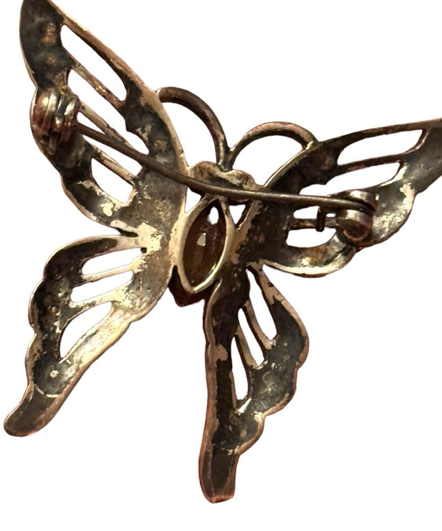 Vintage ornate sterling silver 925 Marcasite antiqued butterfly brooch