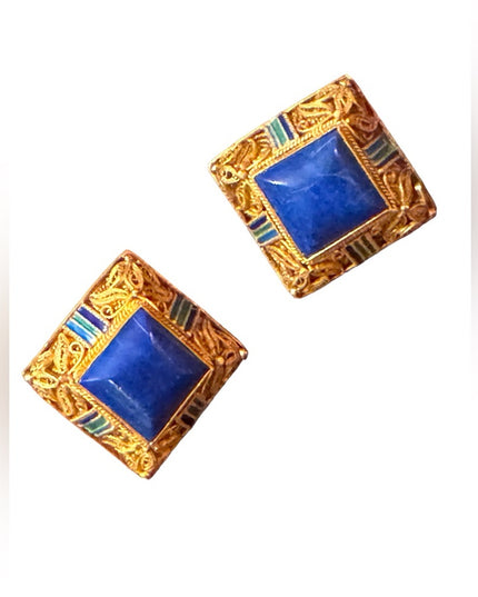 Antique Chinese export filagree Lapis gold plt sterling silver enameled earrings