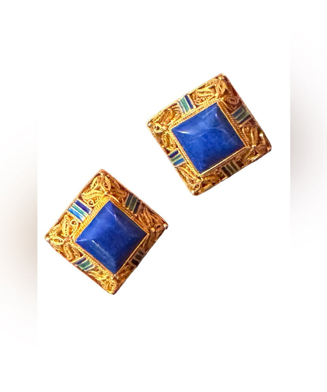 Antique Chinese export filagree Lapis gold plt sterling silver enameled earrings