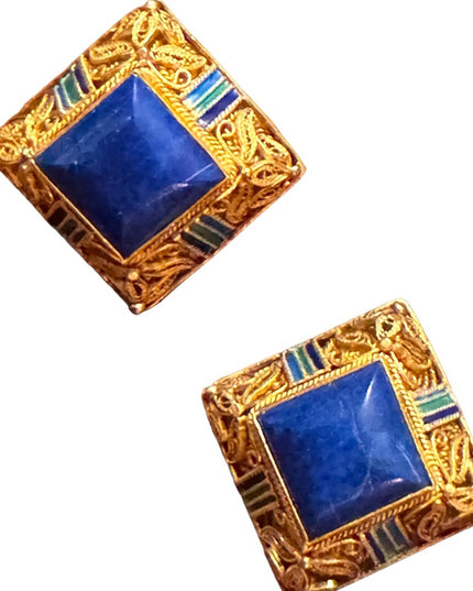 Antique Chinese export filagree Lapis gold plt sterling silver enameled earrings