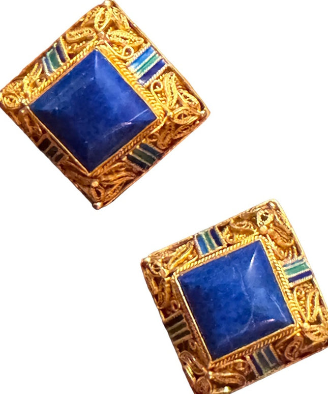 Antique Chinese export filagree Lapis gold plt sterling silver enameled earrings