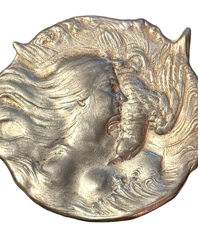 Vintage silver ornate etched finely detailed huntress with a swallow bird brooch