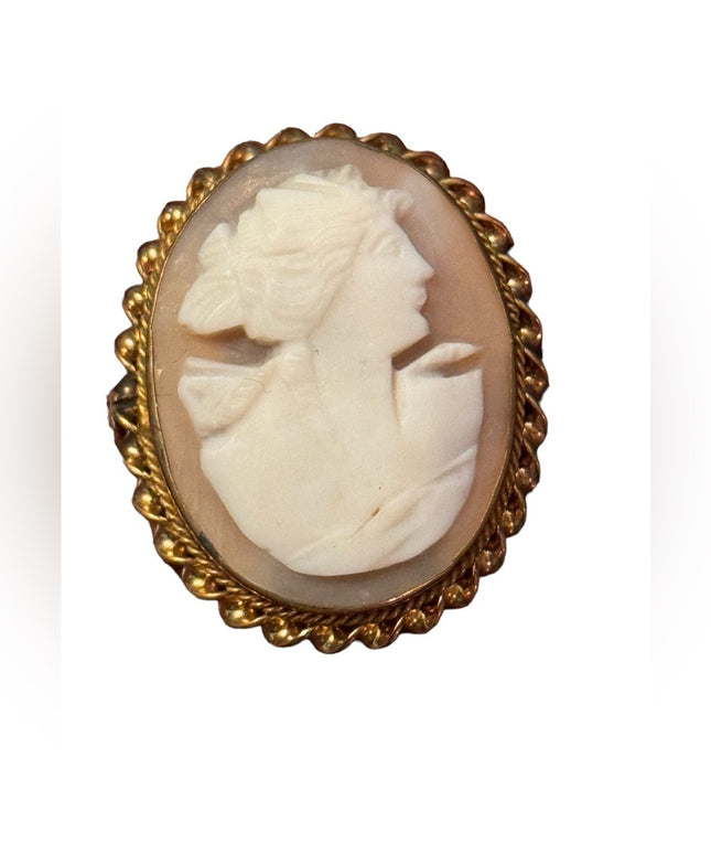 Vintage carved shell cameo in pinchbeck gold frame brooch