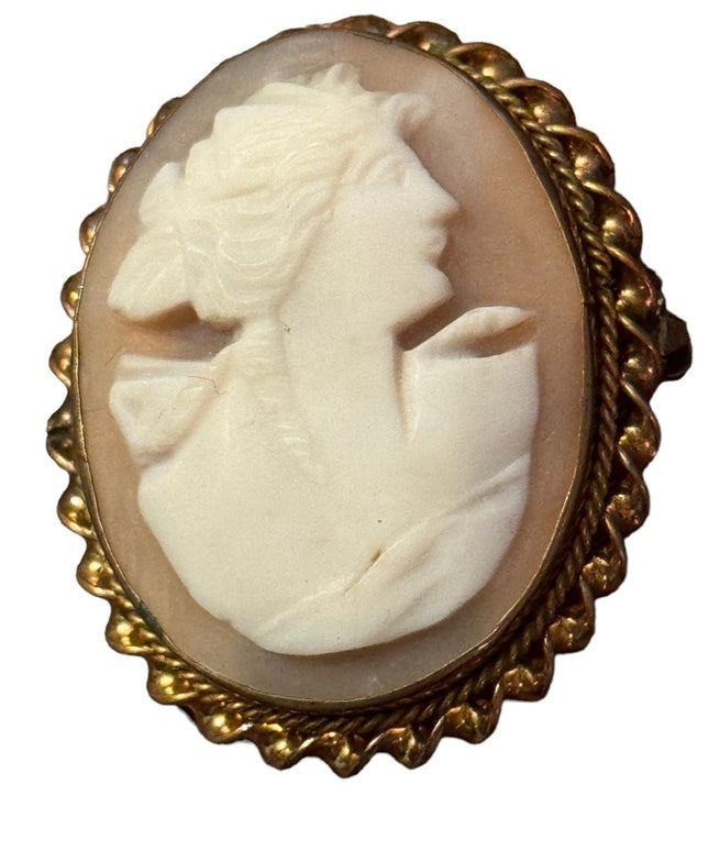 Vintage carved shell cameo in pinchbeck gold frame brooch