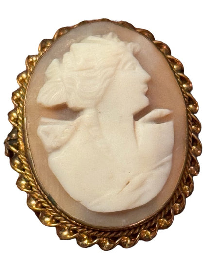 Vintage carved shell cameo in pinchbeck gold frame brooch