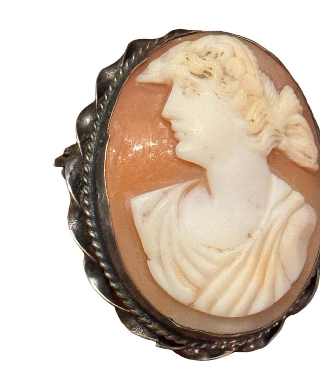 Antique silver 800 ornate carves shell cameo brooch