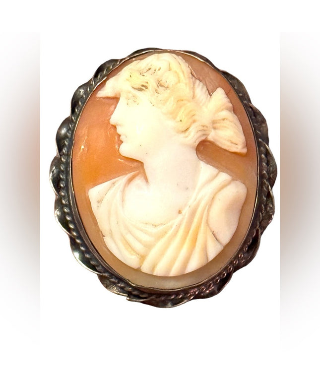 Antique silver 800 ornate carves shell cameo brooch