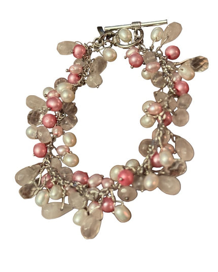 Lovely sterling silver 925 rose quartz pearl crystal cha cha dangle bracelet